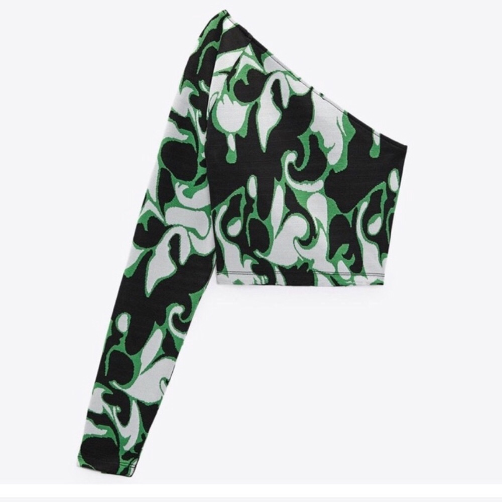 Zara green black multi one shoulder long sleeve crop top Size large‎ brand new